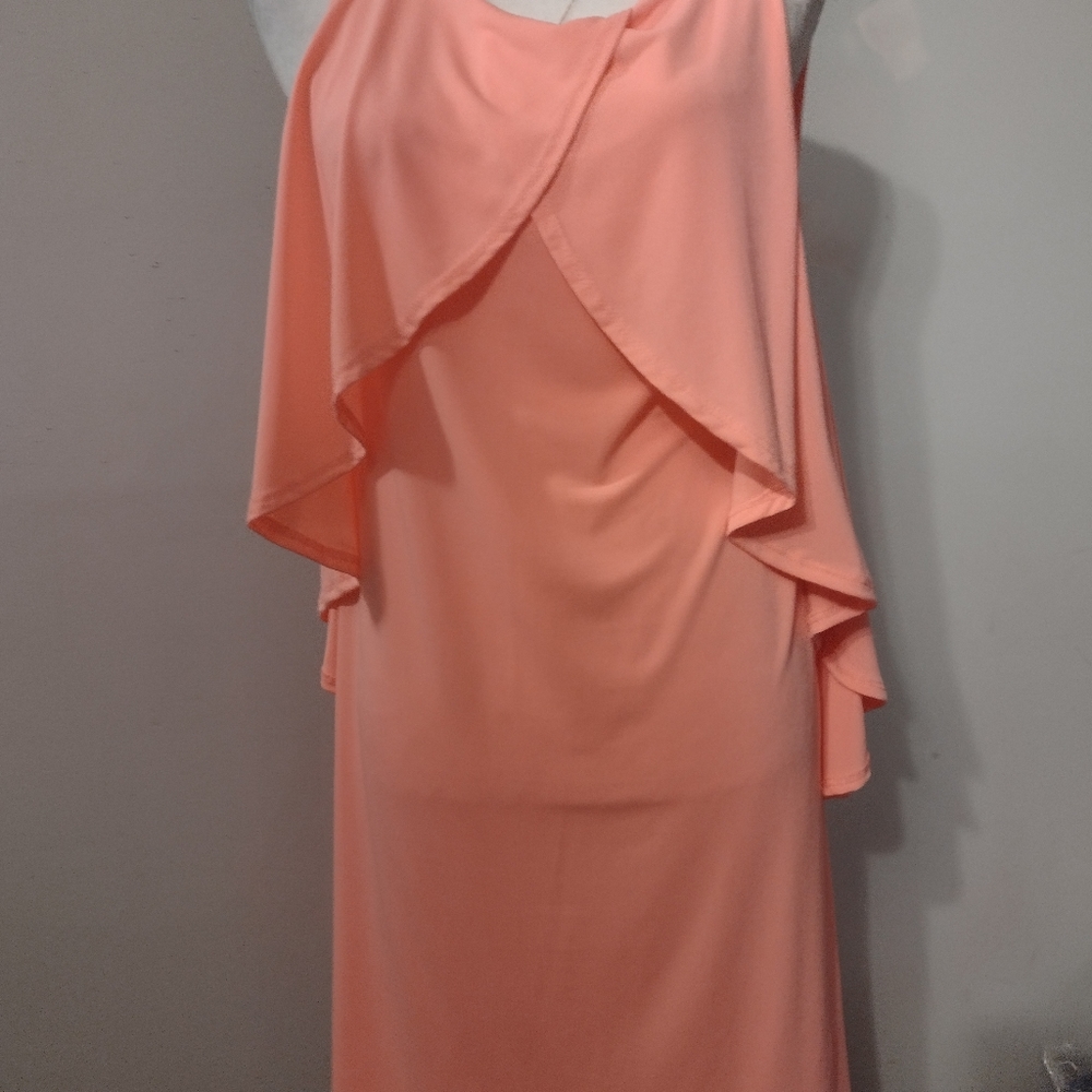 Hugh Sale dress in trendy neon in coral midi dress  crossing vertical ruffle